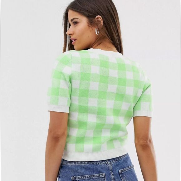 Princess Polly 2 Crewneck Cropped Short Sleeve Casual Check White Green Sweater - Picture 2 of 11